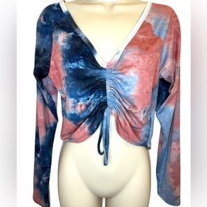 Almost Famous Women's Tie Dye Cinched Top Front Tie Size Large Navy Mix-Like New